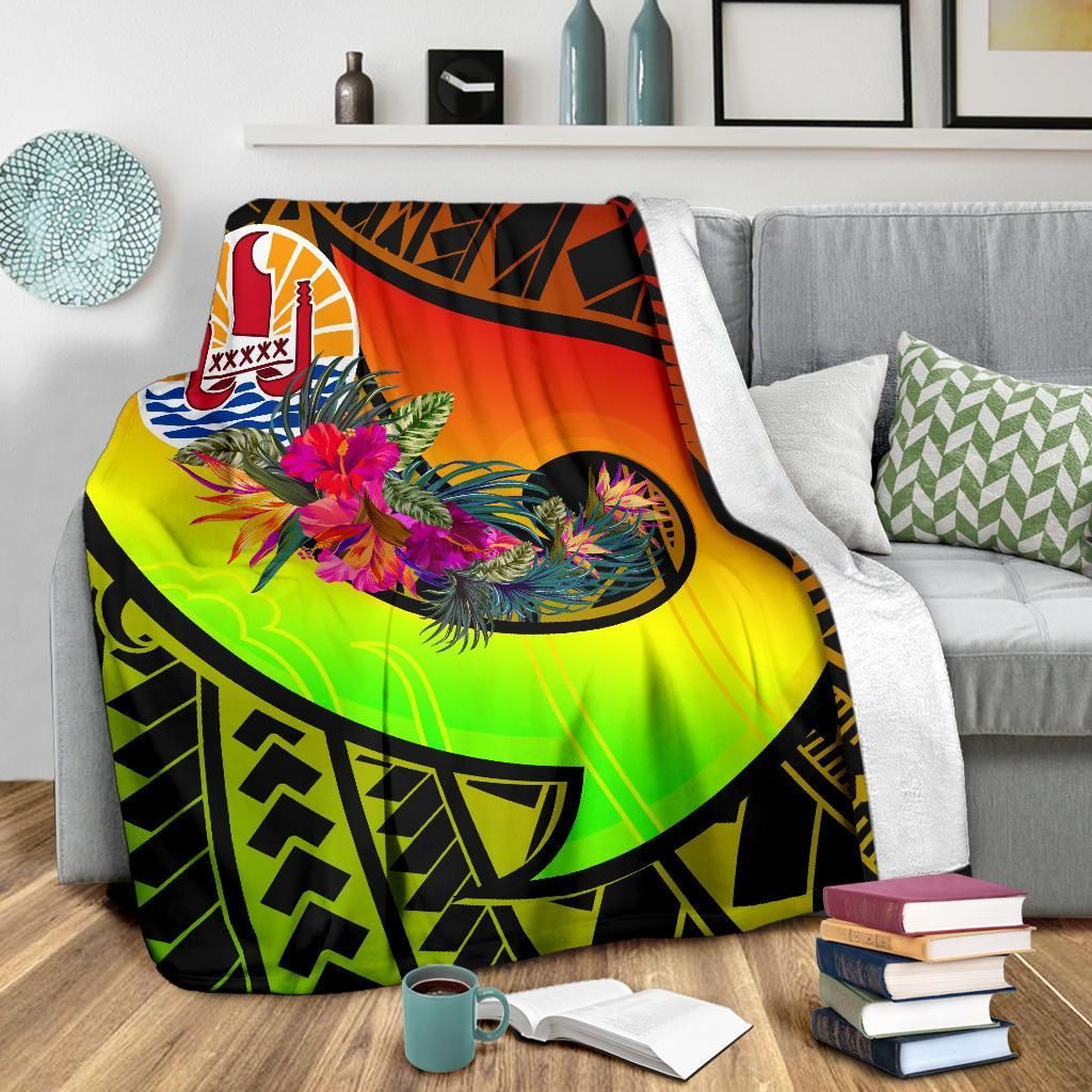 Tahiti Premium Blanket - Polynesian Hook And Hibiscus (Reggae)