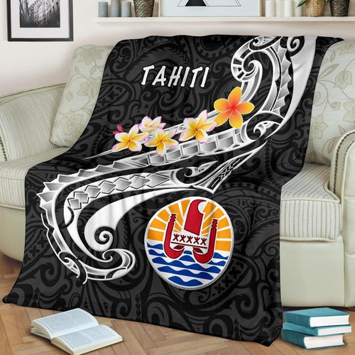 Tahiti Premium Blanket - Tahiti Seal Polynesian Patterns Plumeria (Black)