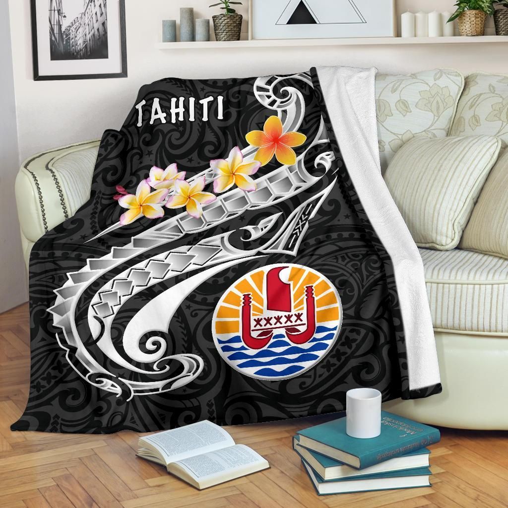 Tahiti Premium Blanket - Tahiti Seal Polynesian Patterns Plumeria (Black)