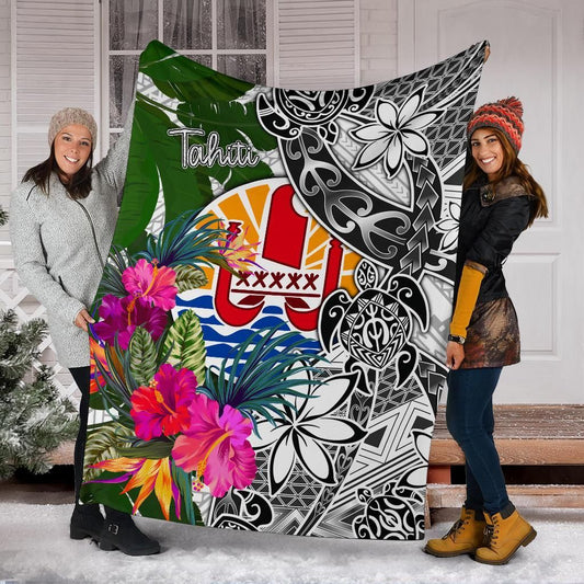 Tahiti Premium Blanket White - Turtle Plumeria Banana Leaf