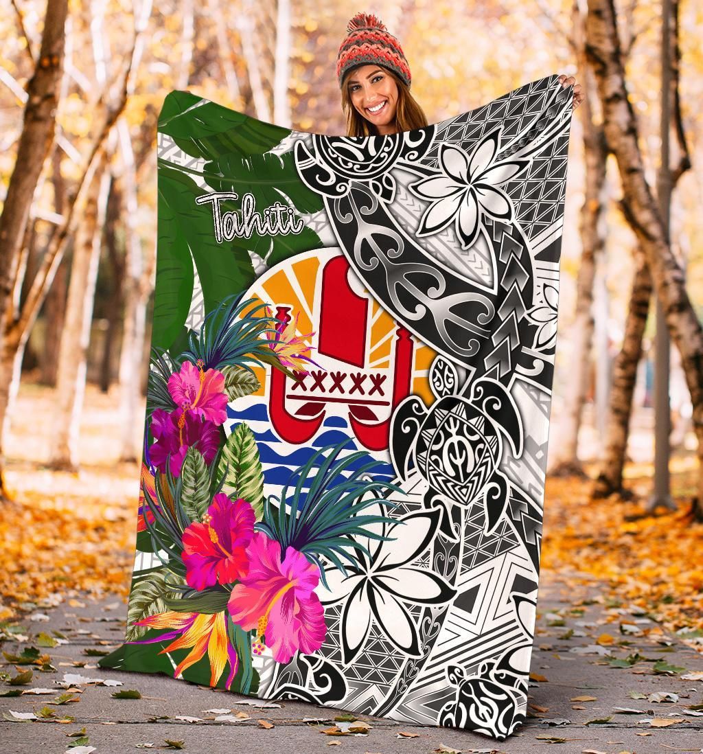 Tahiti Premium Blanket White - Turtle Plumeria Banana Leaf