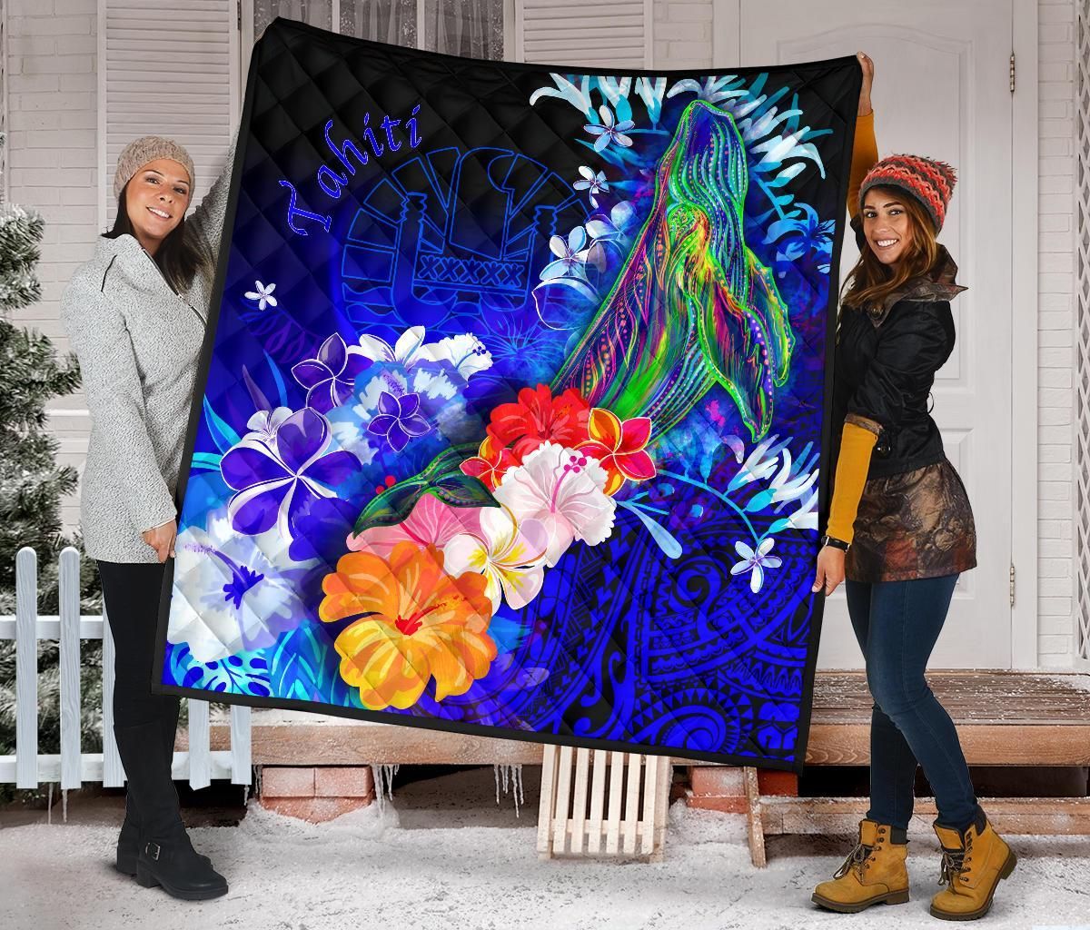 Tahiti Premium Quilt - Humpback Whale with Tropical Flowers (Blue)
