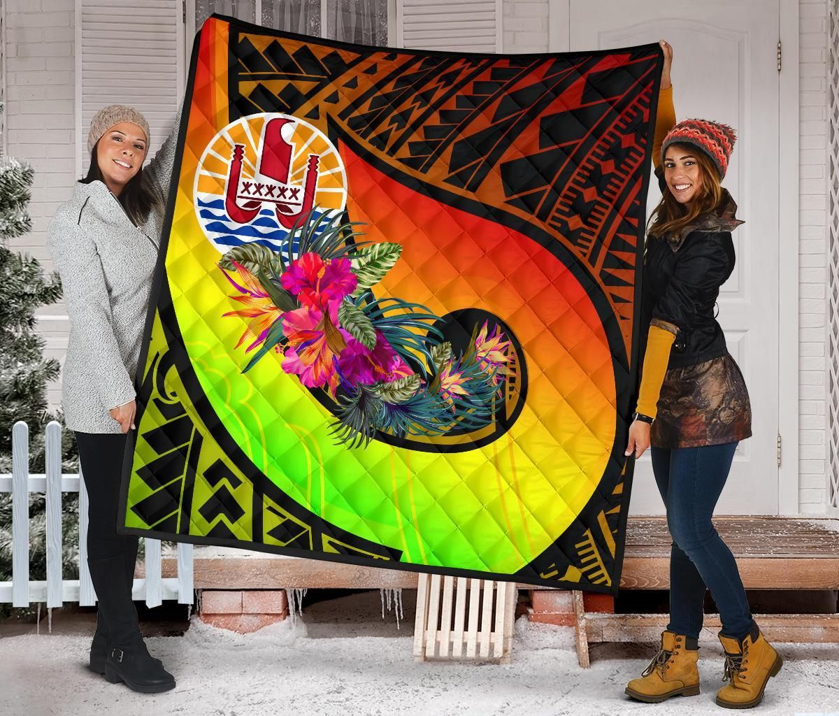 Tahiti Premium Quilt - Polynesian Hook And Hibiscus (Reggae)