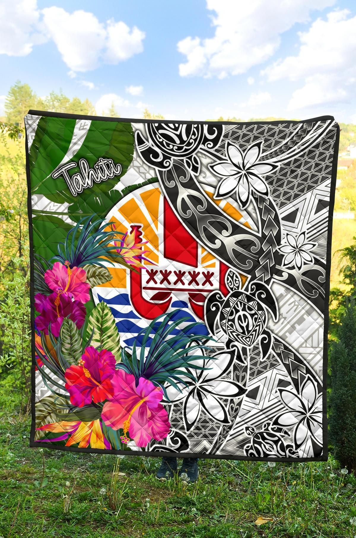 Tahiti Premium Quilt White - Turtle Plumeria Banana Leaf