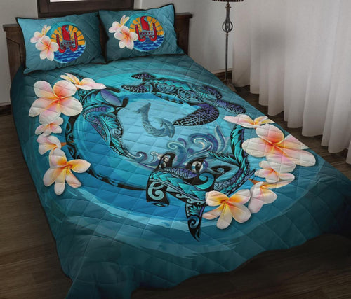 Tahiti Polynesian Quilt Bed Set - Blue Plumeria Animal Tattoo