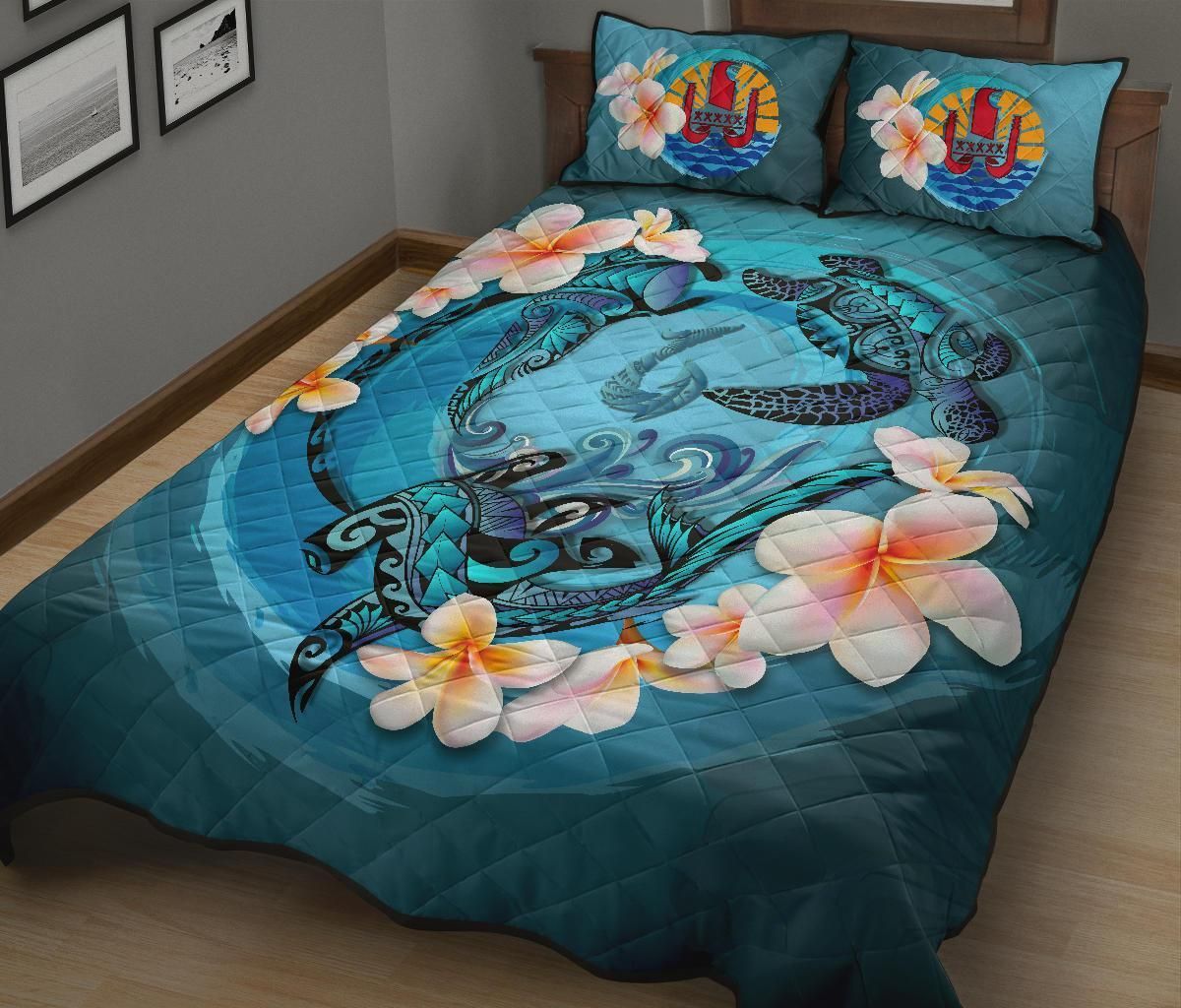 Tahiti Polynesian Quilt Bed Set - Blue Plumeria Animal Tattoo
