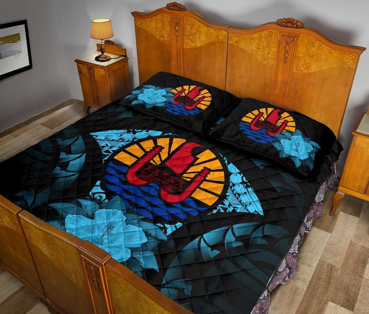 Tahiti Polynesian Quilt Bed Set Hibiscus Blue