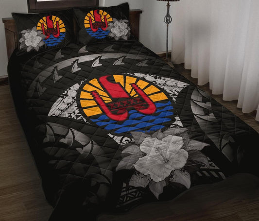 Tahiti Polynesian Quilt Bed Set Hibiscus Gray