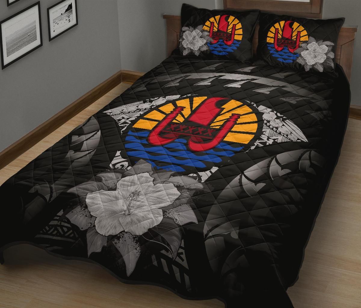 Tahiti Polynesian Quilt Bed Set Hibiscus Gray