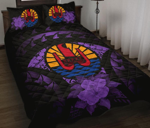Tahiti Polynesian Quilt Bed Set Hibiscus Purple