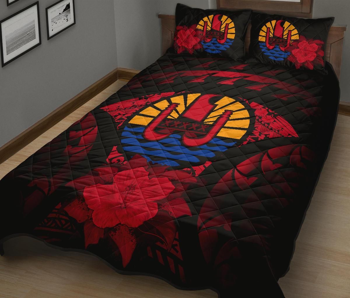 Tahiti Polynesian Quilt Bed Set Hibiscus Red