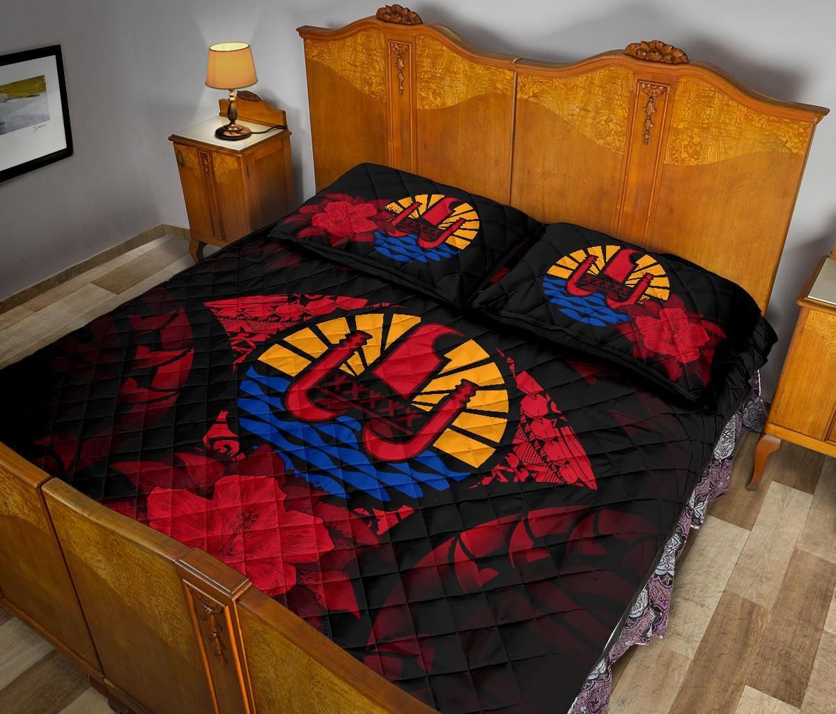 Tahiti Polynesian Quilt Bed Set Hibiscus Red