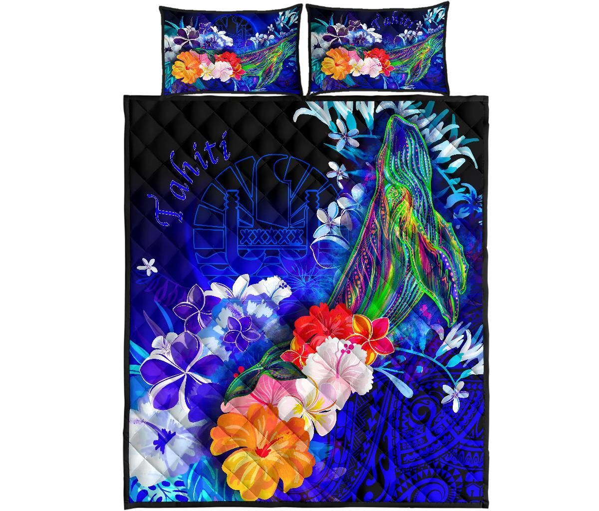 Tahiti Quilt Bed Set - Humpback Whale with Tropical Flowers (Blue)