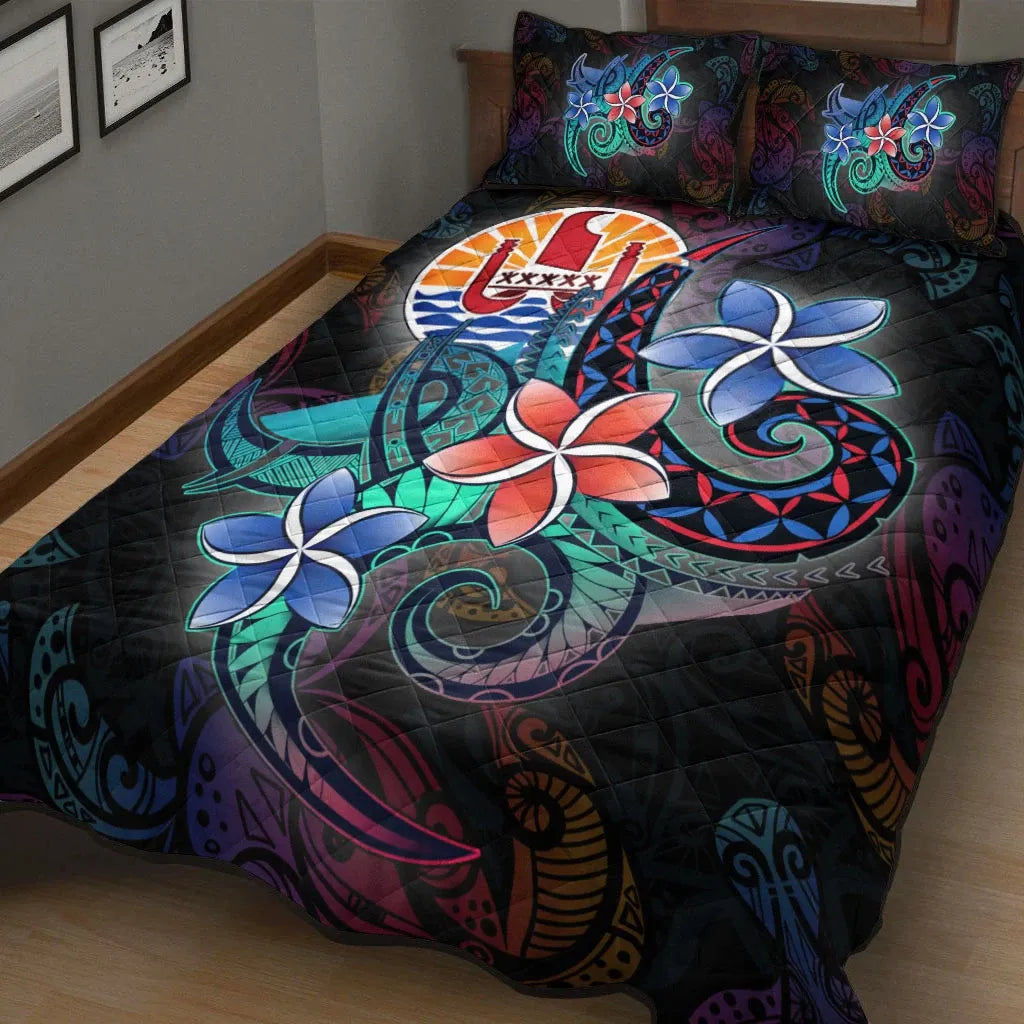 Tahiti Quilt Bed Set - Plumeria Flowers Style