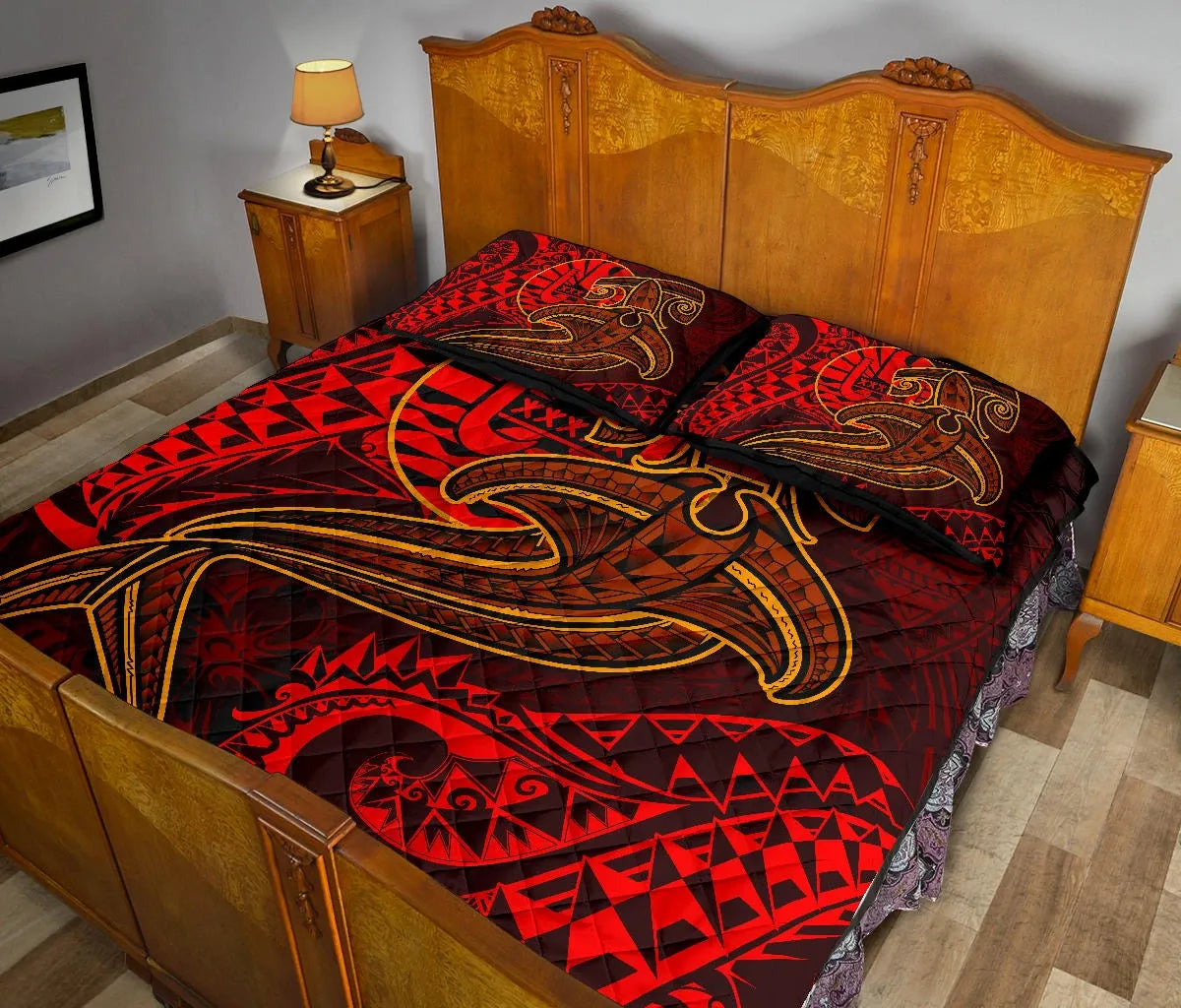 Tahiti Quilt Bed Set - Red Shark Polynesian Tattoo