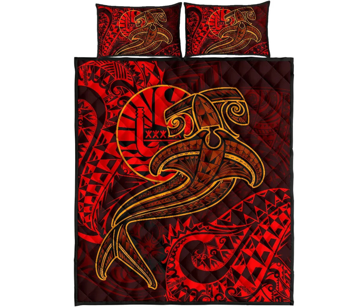 Tahiti Quilt Bed Set - Red Shark Polynesian Tattoo