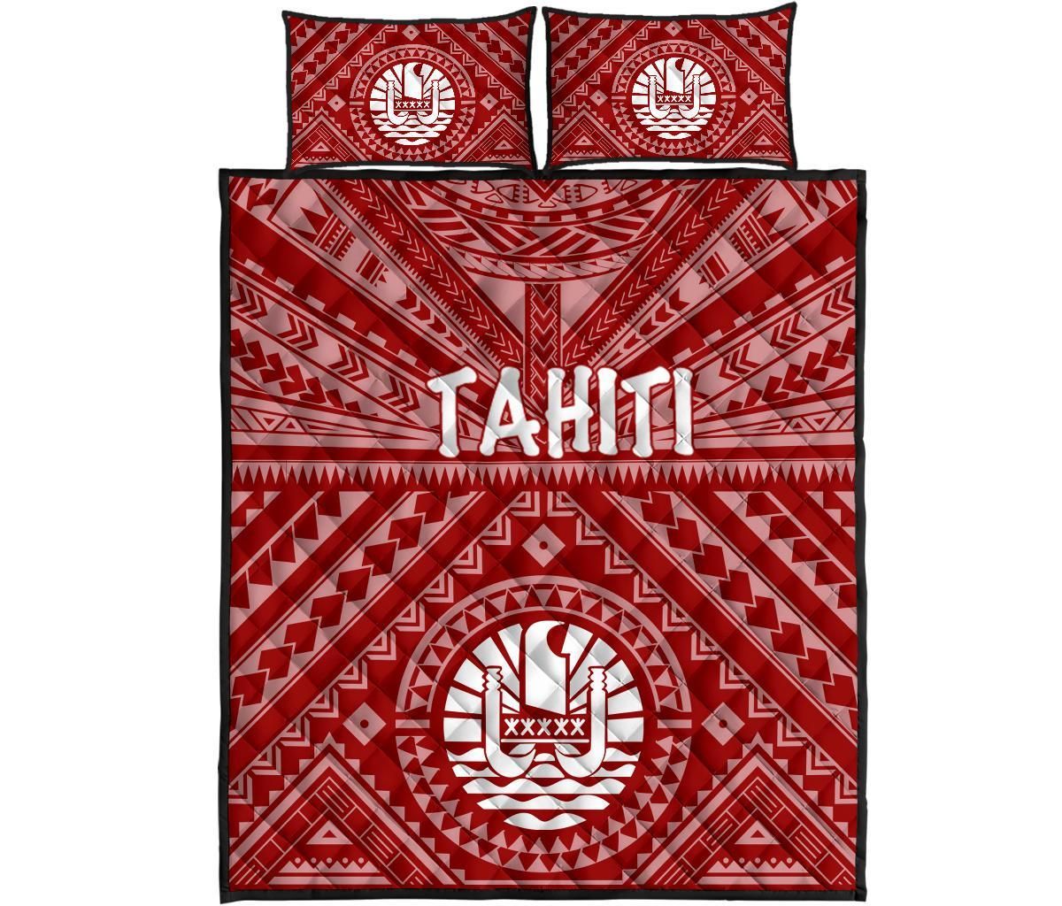 Tahiti Quilt Bed Set - Tahiti Seal In Polynesian Tattoo Style (Red)