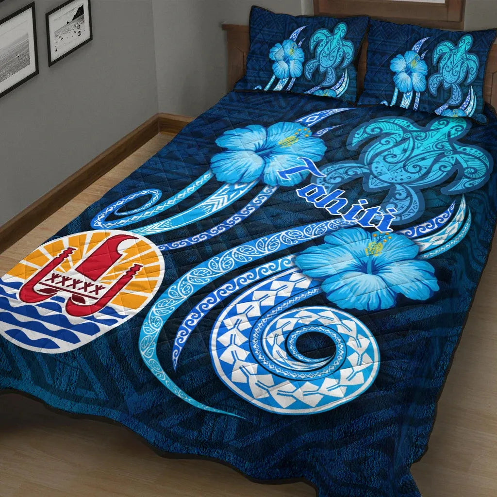 Tahiti Quilt Bed Set - Turtle and Tribal Tattoo Of Polynesian