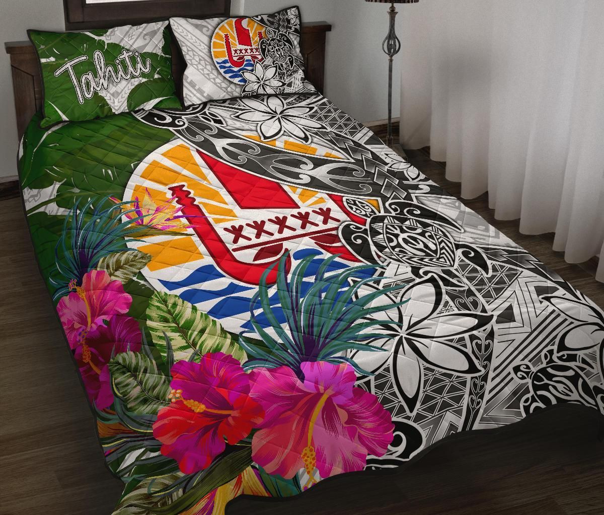 Tahiti Quilt Bed Set White - Turtle Plumeria Banana Leaf