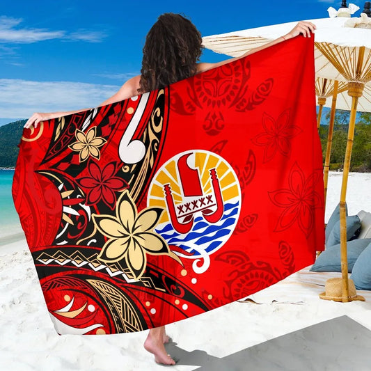 Tahiti Sarong - Tribal Flower With Special Turtles Red Color