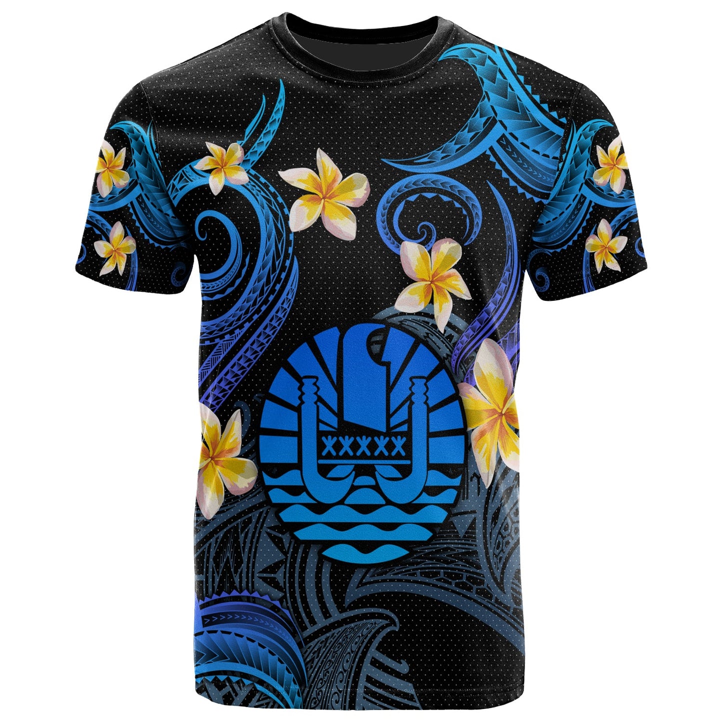 Tahiti T-shirt - Custom Personalised Polynesian Waves with Plumeria Flowers (Blue)