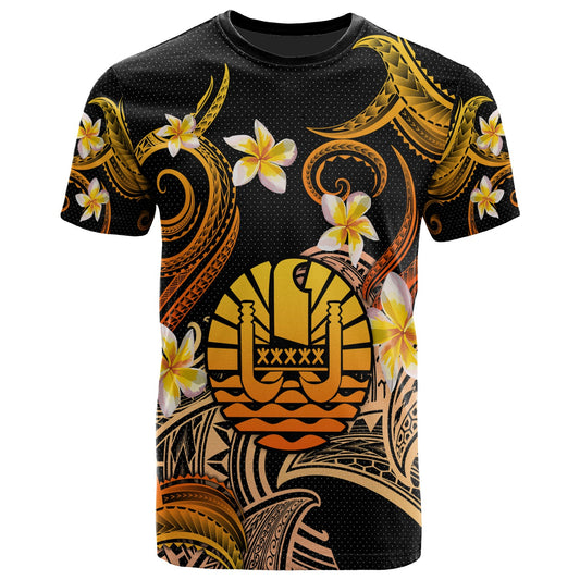 Tahiti T-shirt - Custom Personalised Polynesian Waves with Plumeria Flowers (Orange)