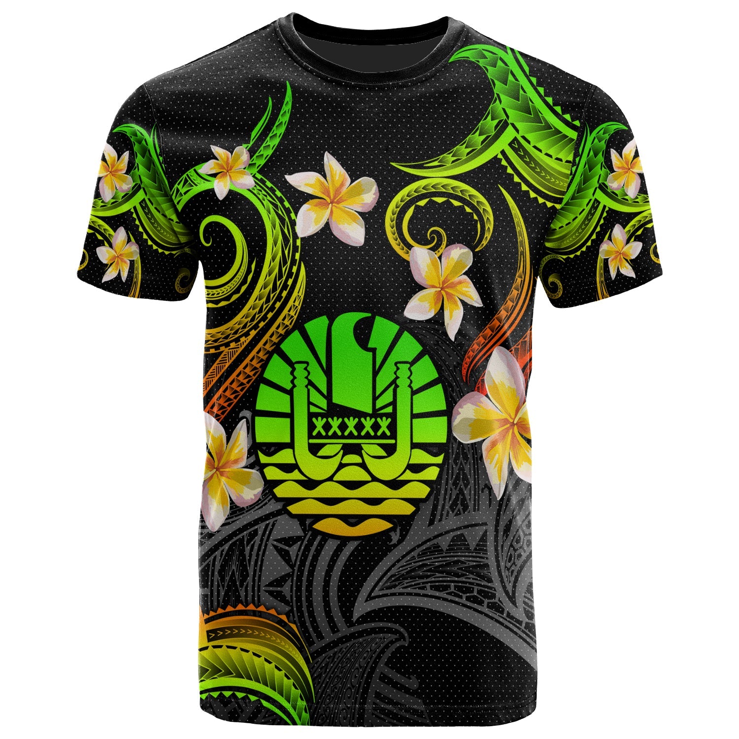 Tahiti T-shirt - Custom Personalised Polynesian Waves with Plumeria Flowers (Reggae)