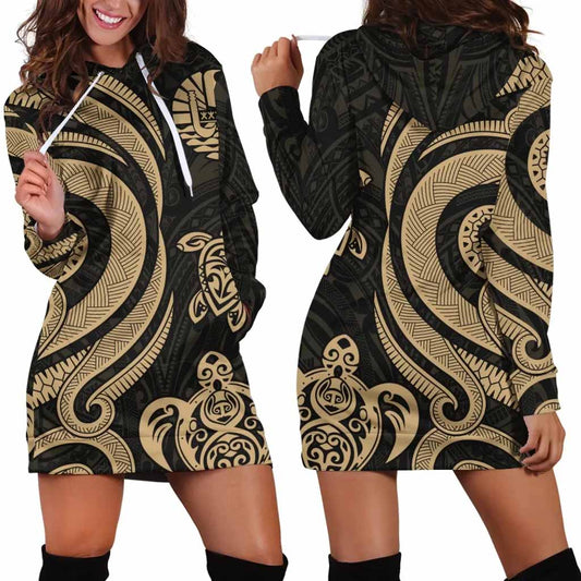 Tahiti Female Hoodie Dress - Gold Tentacle Turtle