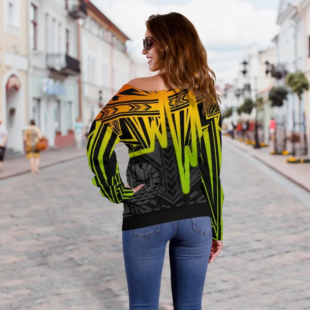 Tahiti Women Off Shoulder Sweater - Tahiti Seal In Heartbeat Patterns Style (Reggae)