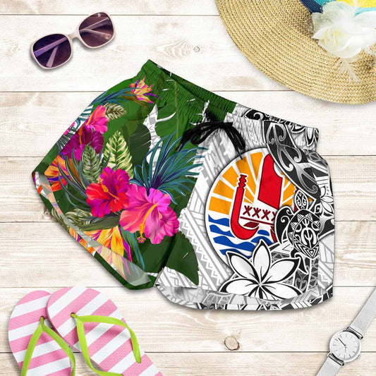 Tahiti Women Shorts White - Turtle Plumeria Banana Leaf