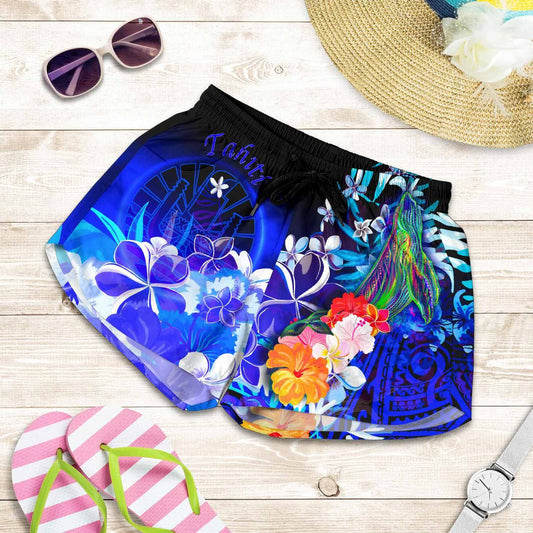 Tahiti Women Shorts - Humpback Whale with Tropical Flowers (Blue)