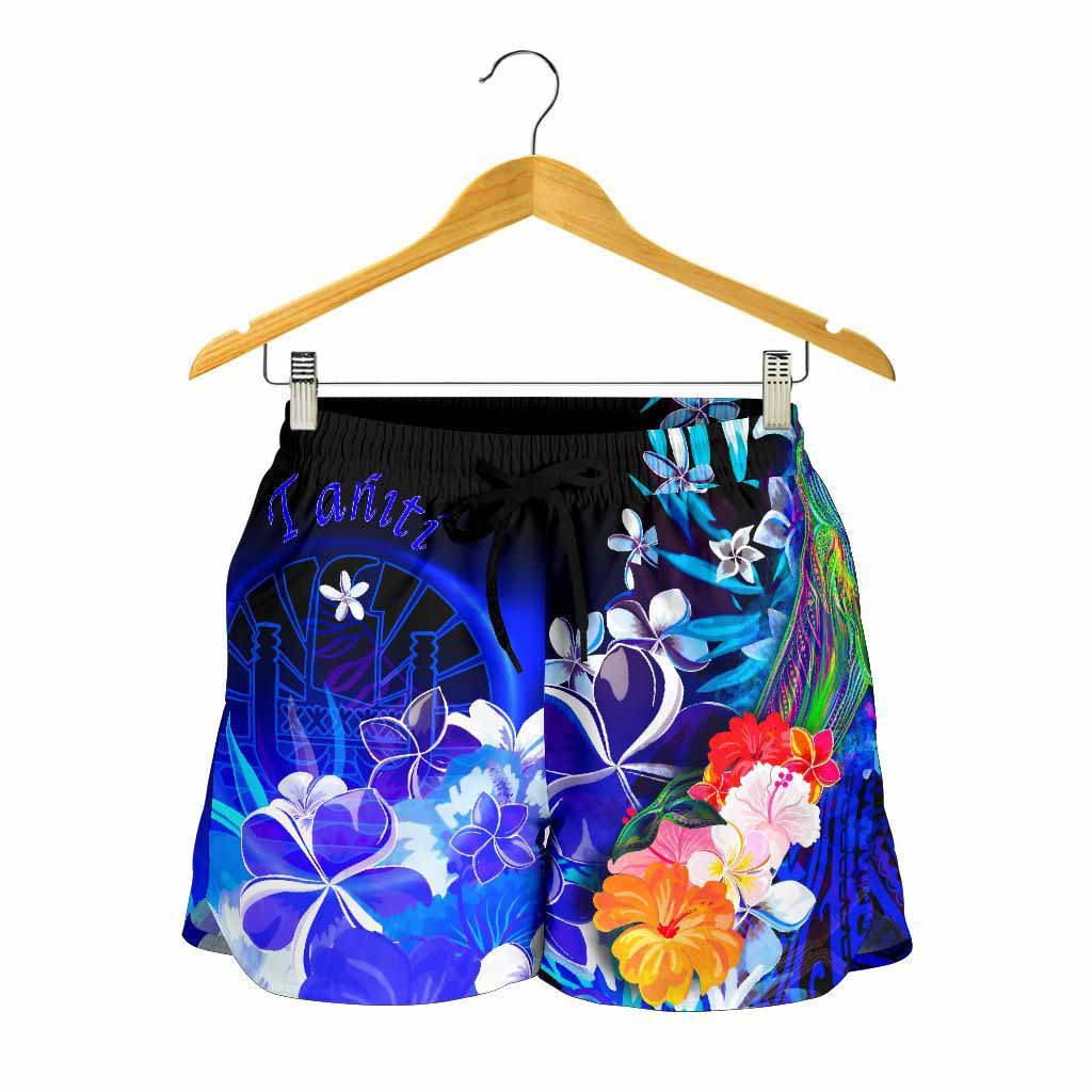 Tahiti Women Shorts - Humpback Whale with Tropical Flowers (Blue)