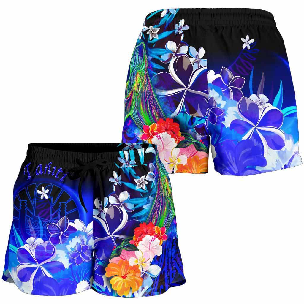 Tahiti Women Shorts - Humpback Whale with Tropical Flowers (Blue)