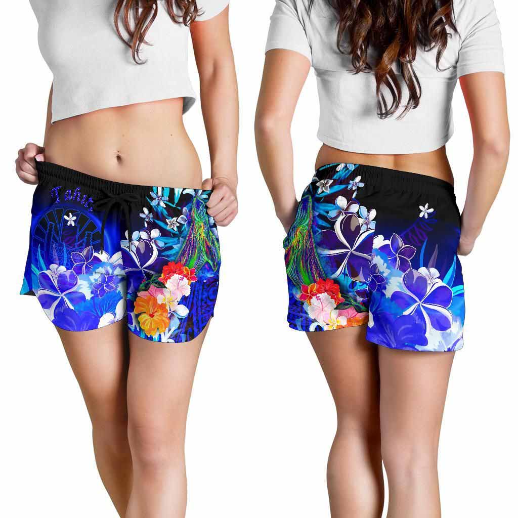 Tahiti Women Shorts - Humpback Whale with Tropical Flowers (Blue)