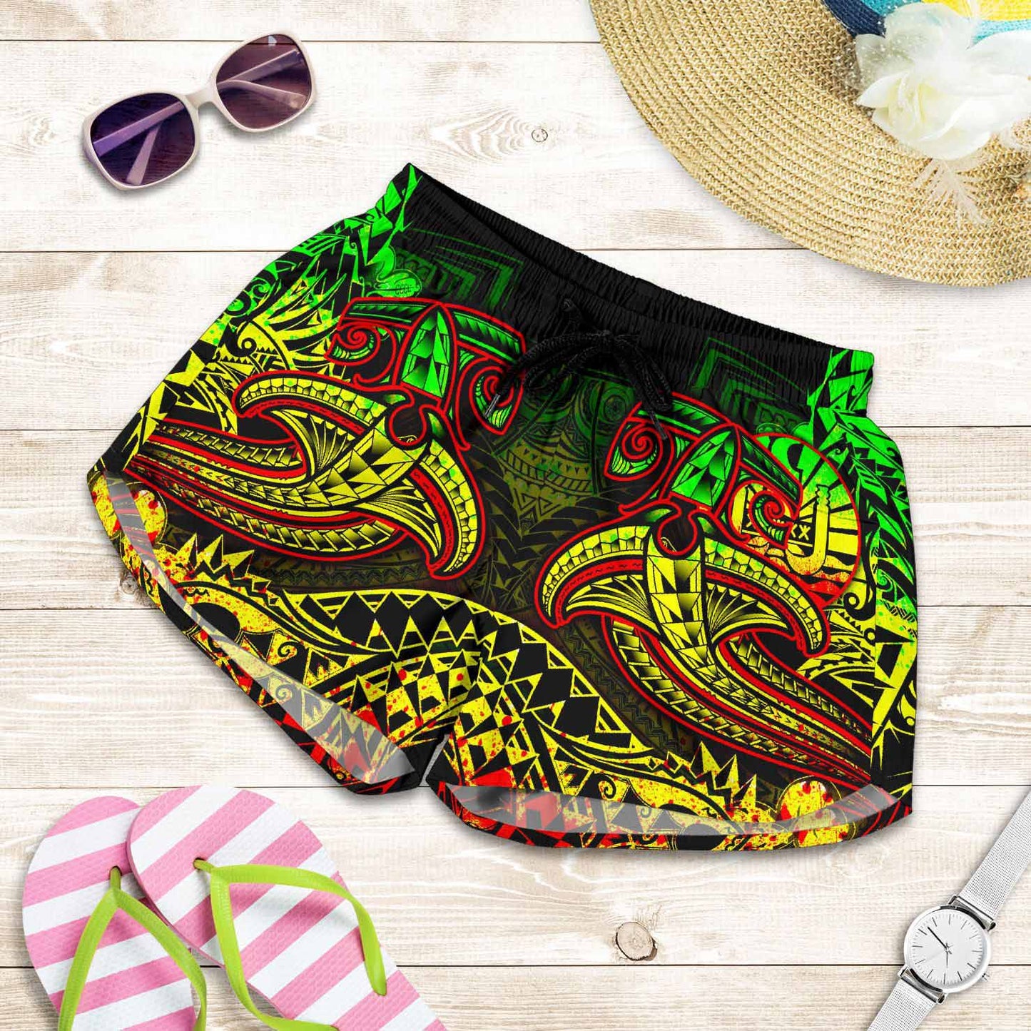 Tahiti Women Shorts - Reggae Shark Polynesian Tattoo