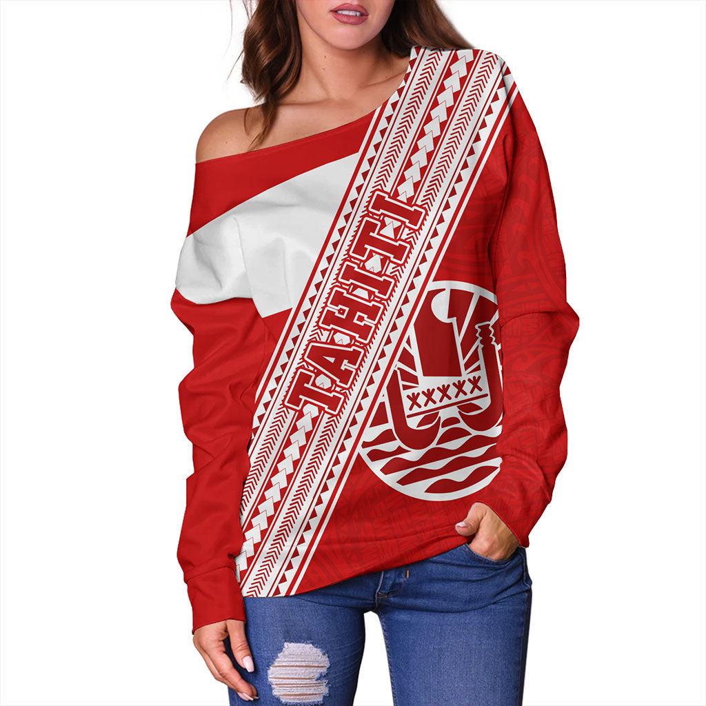 Tahiti Off Shoulder Sweatshirt Flag And Coat Of Arms