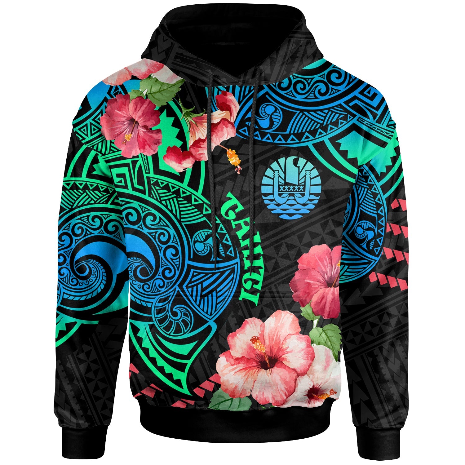 Tahiti Hoodie Polynesian Pattern with Hibicus Flowers