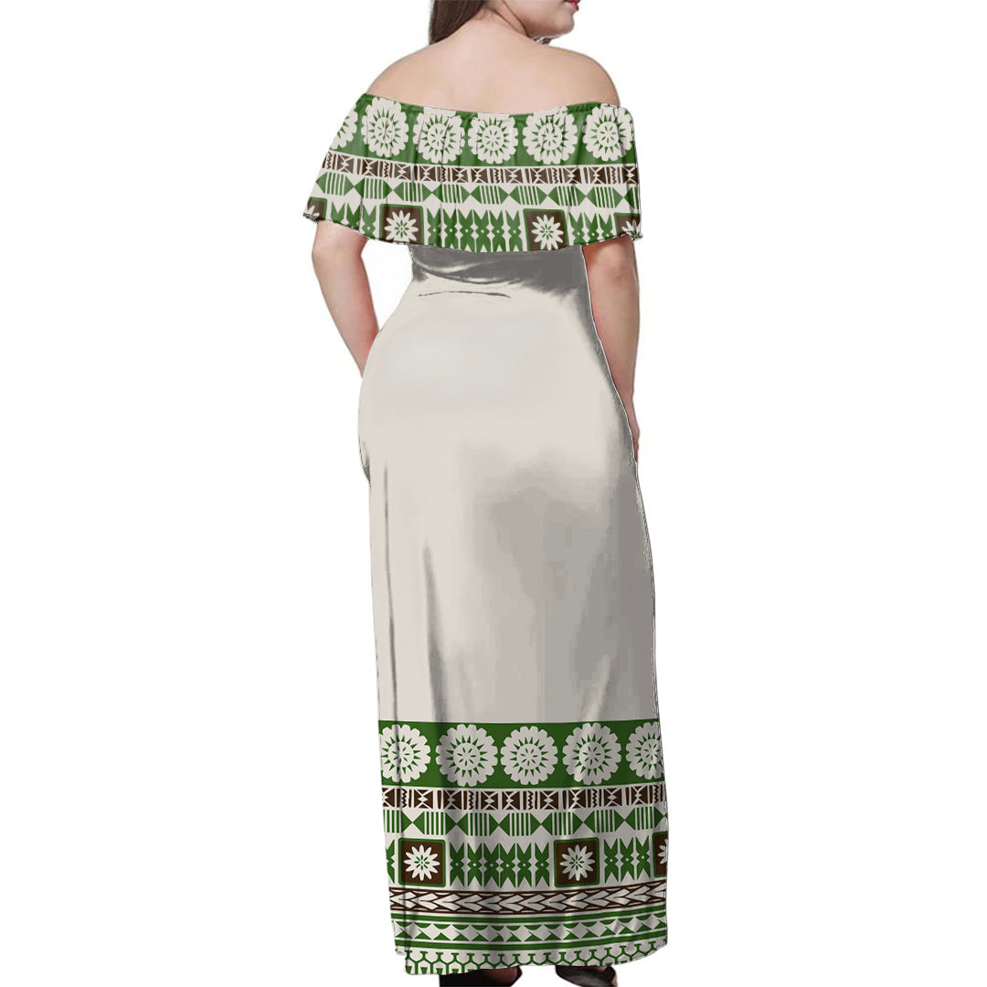 Fiji Woman Off Shoulder Long Dress Tapa Pattern Green
