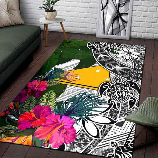 Tokelau Area Rug White - Turtle Plumeria Banana Leaf