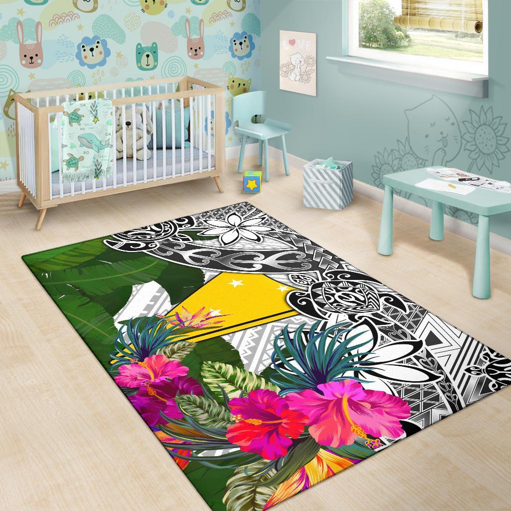 Tokelau Area Rug White - Turtle Plumeria Banana Leaf