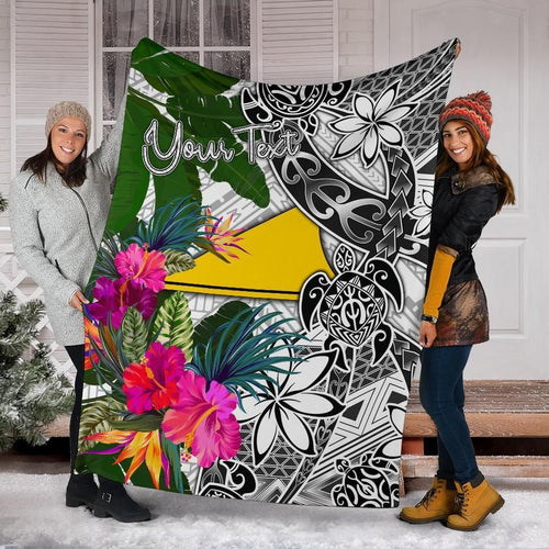 Tokelau Custom Personalised Premium Blanket White - Turtle Plumeria Banana Leaf