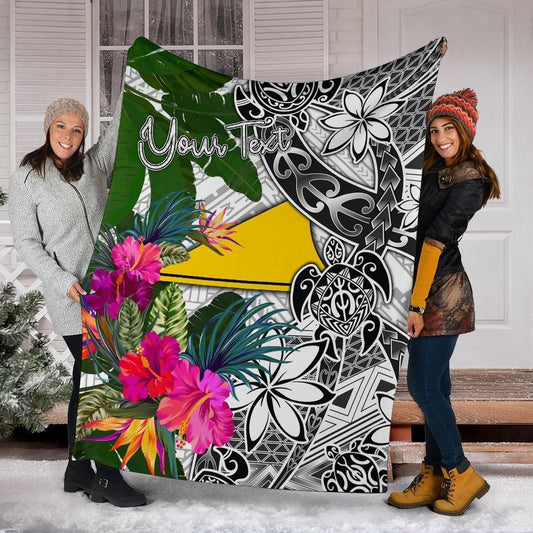 Tokelau Custom Personalised Premium Blanket White - Turtle Plumeria Banana Leaf
