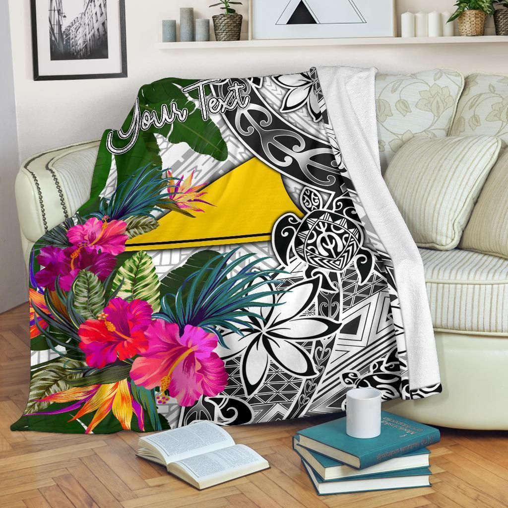 Tokelau Custom Personalised Premium Blanket White - Turtle Plumeria Banana Leaf