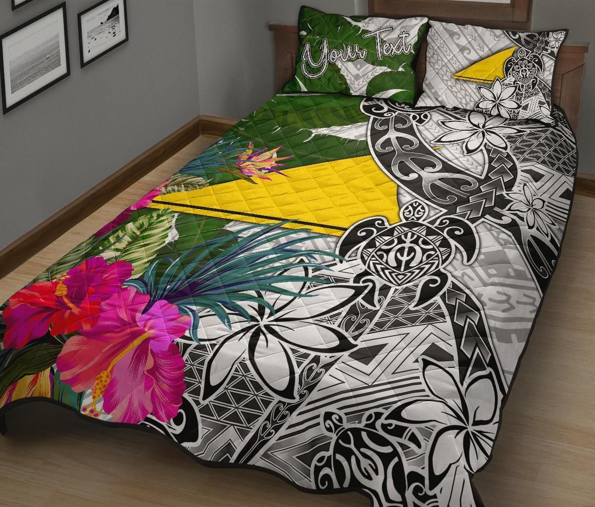 Tokelau Custom Personalised Quilt Bed Set White - Turtle Plumeria Banana Leaf