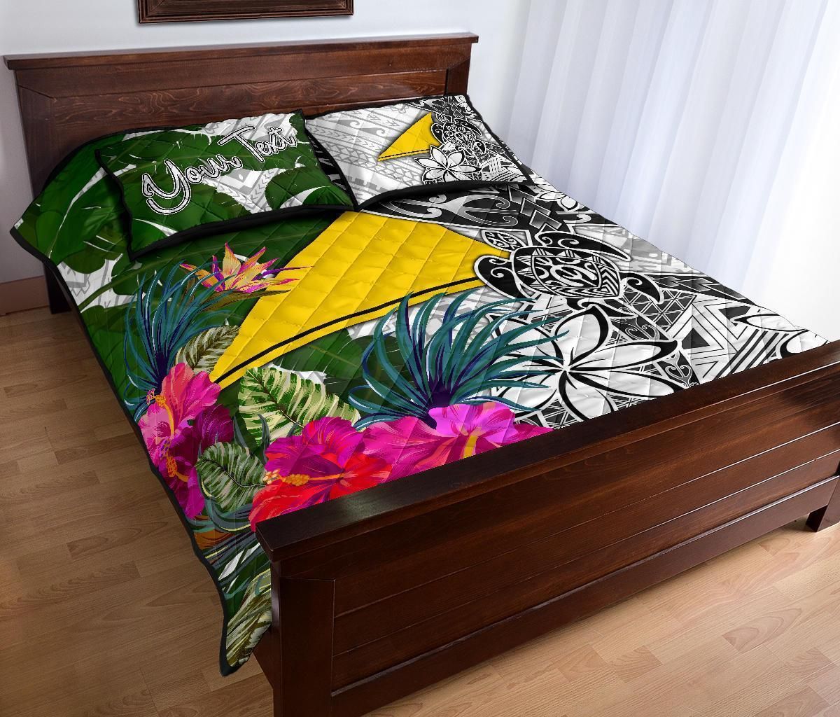 Tokelau Custom Personalised Quilt Bed Set White - Turtle Plumeria Banana Leaf