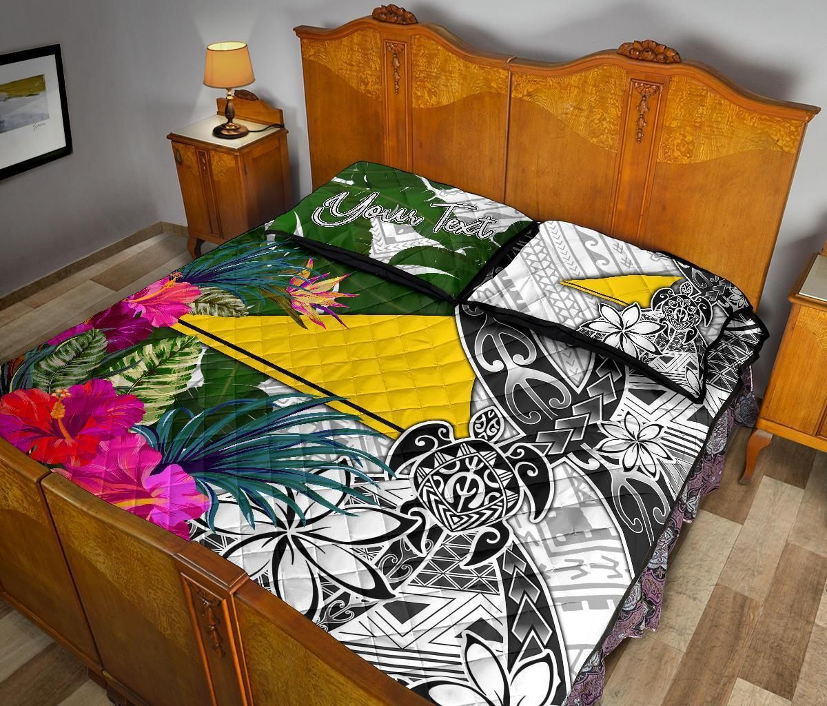 Tokelau Custom Personalised Quilt Bed Set White - Turtle Plumeria Banana Leaf
