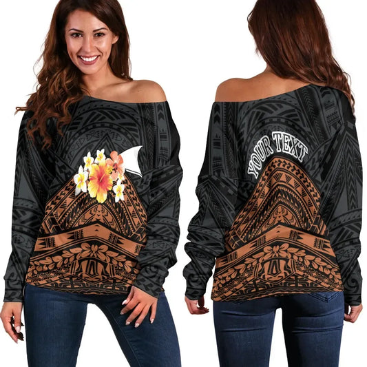 Tokelau Custom Personalised Women Off Shoulder Sweaters - Tribal Pattern Hibiscus