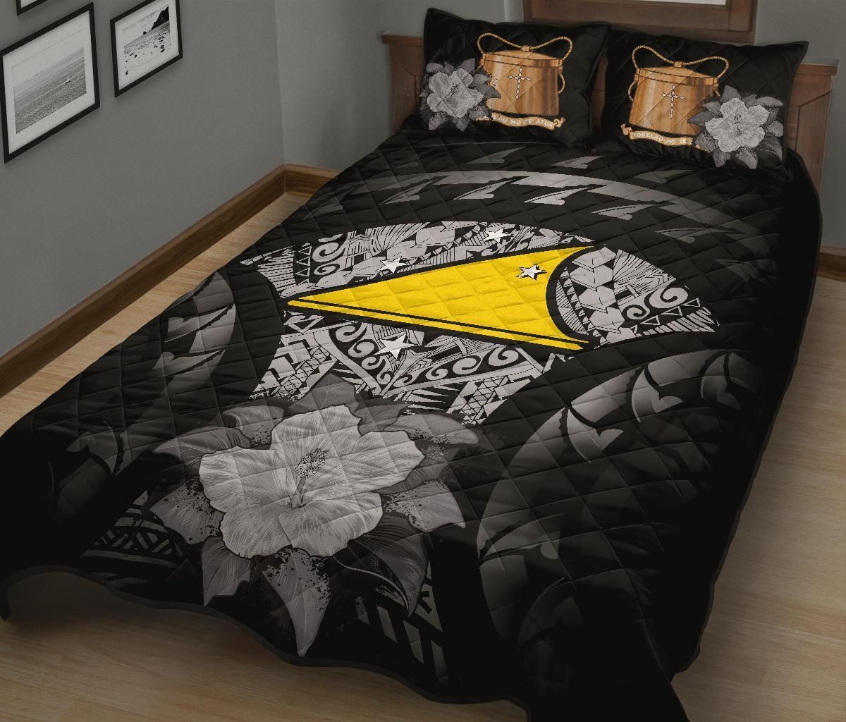 Tokelau Polynesian Quilt Bed Set Hibiscus Gray
