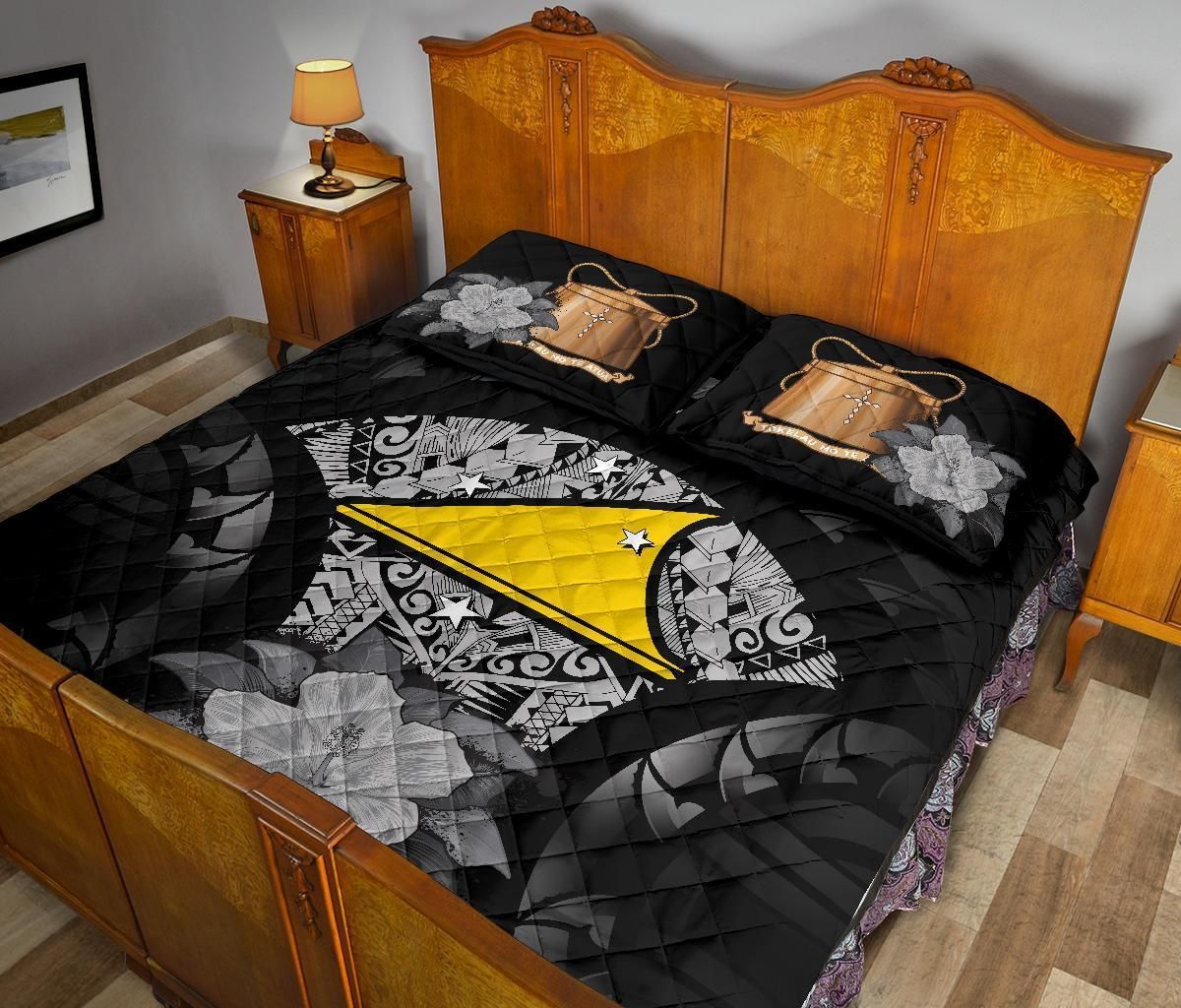 Tokelau Polynesian Quilt Bed Set Hibiscus Gray