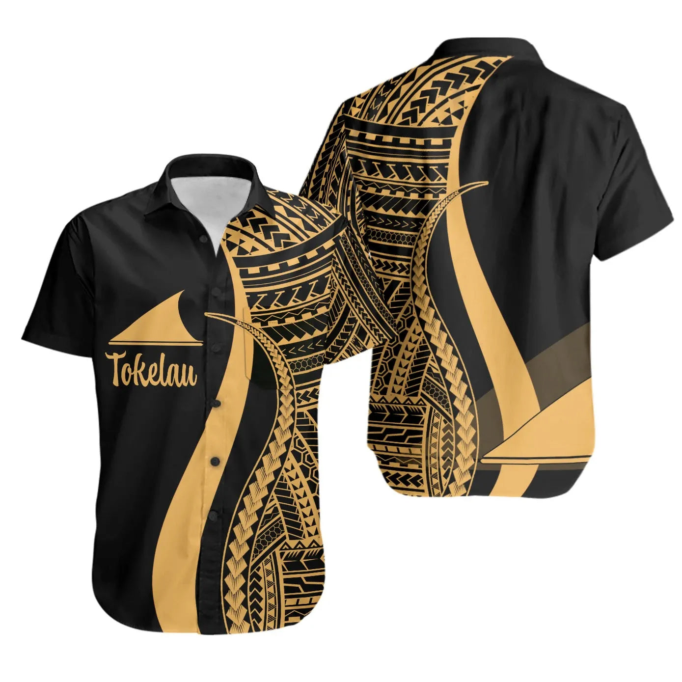 Tokelau Short Sleeve Shirt - Gold Polynesian Tentacle Tribal Pattern